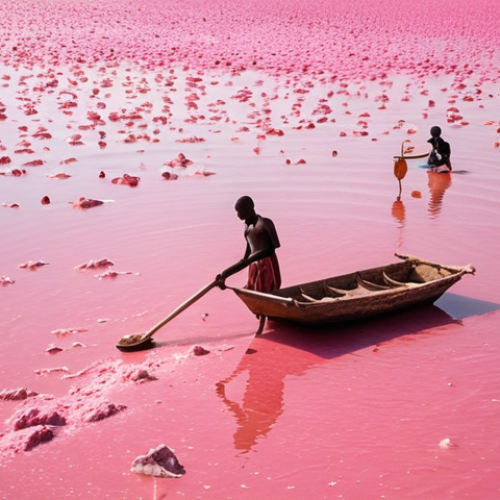Home 15 **
Lac Rose (Lake Retba) in Senegal. A vibrant pink lake with workers collecting salt. Bright sunlight reflecting off the water. A unique and breathtaking landscape.
**