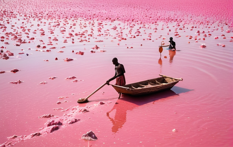 **
Lac Rose (Lake Retba) in Senegal. A vibrant pink lake with workers collecting salt. Bright sunlight reflecting off the water. A unique and breathtaking landscape.
**